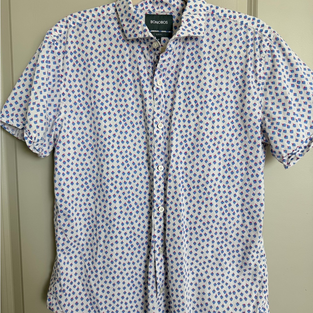 Bonobos Men's White and Blue Strawberry Patter Shirt Size Medium